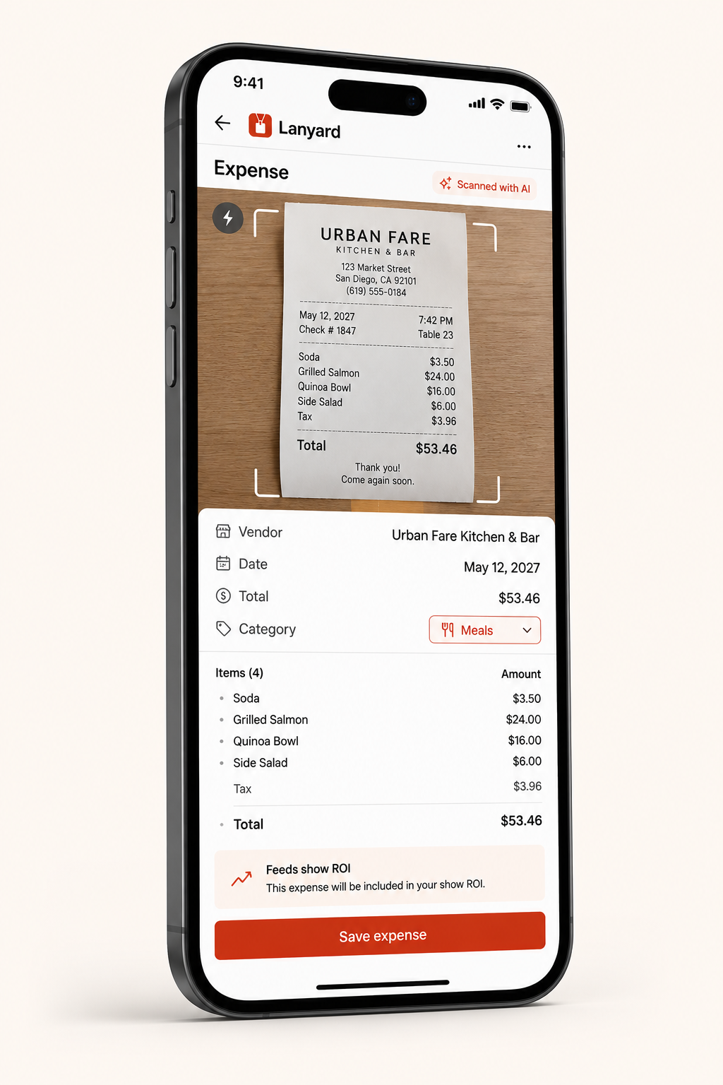 Lanyard capturing a receipt on a phone and turning it into a categorized expense